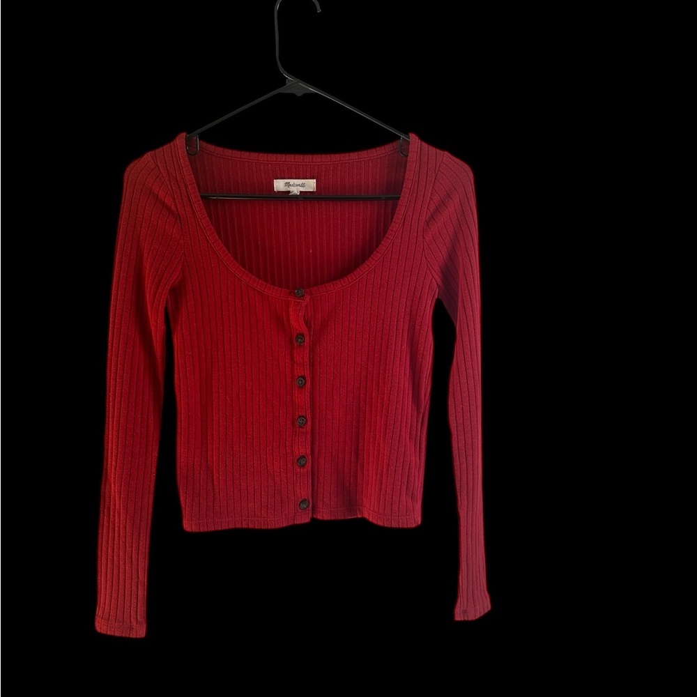 Madewell Red Ribbed Button-Down Long Sleeve Top